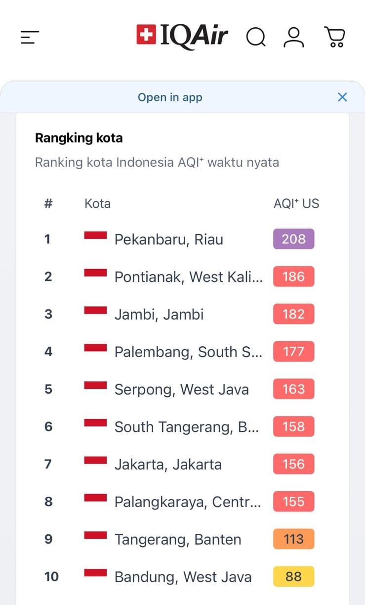 Pekanbaru Duduki Peringkat Pertama Kota dengan Kualitas Udara Terburuk di Indonesia, AQI Capai 208